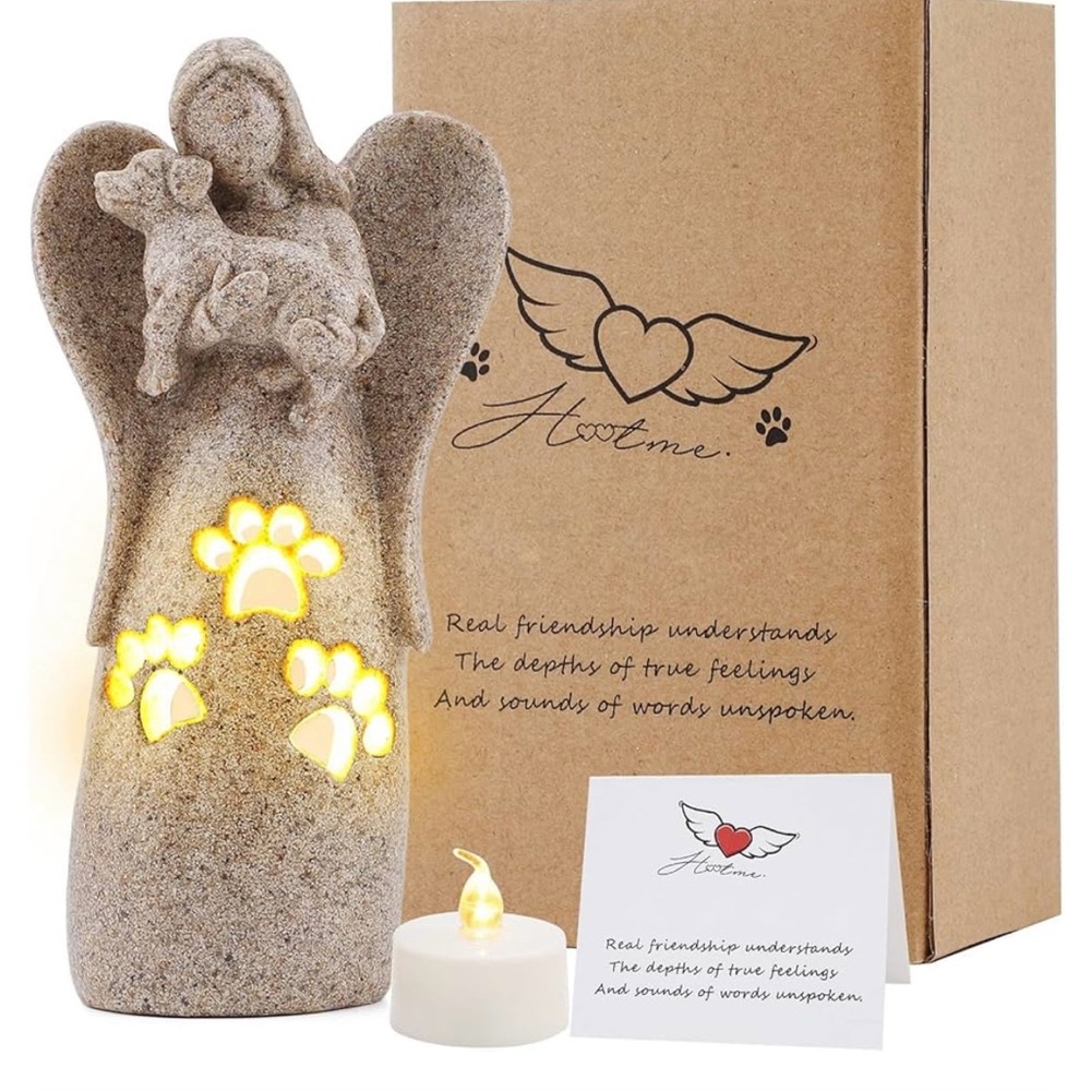 Memorial Angel Figurine with Paw-Print LED Candle - Beige